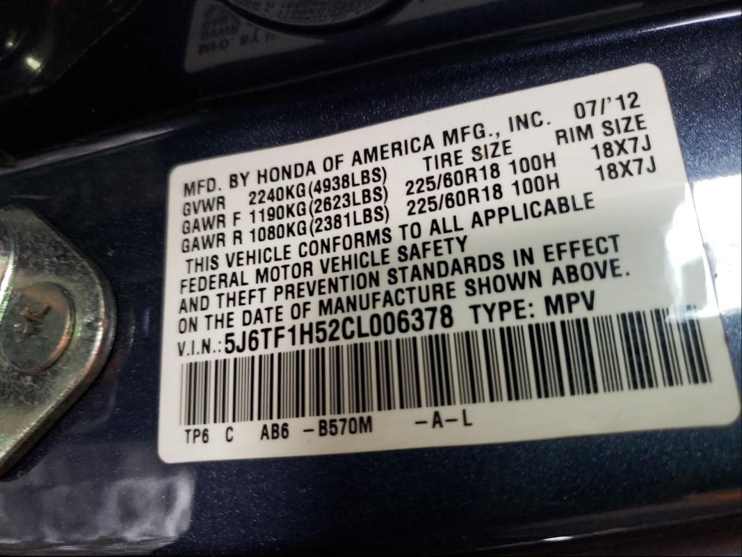 2012 HONDA CROSSTOUR 5J6TF1H52CL006378