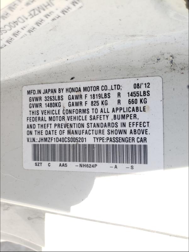 2012 HONDA CR-Z JHMZF1D40CS005201