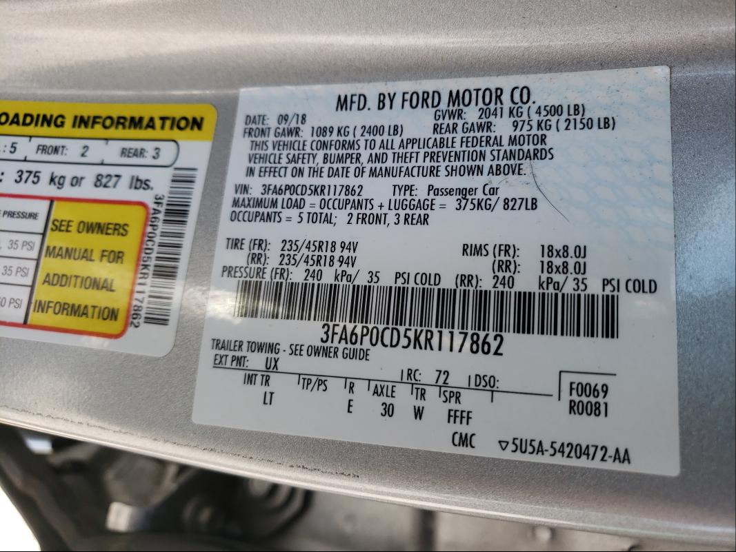 2019 FORD FUSION SEL 3FA6P0CD5KR117862