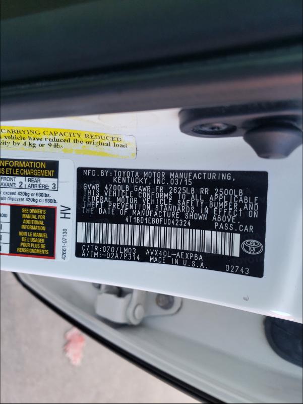 2015 TOYOTA AVALON HYB 4T1BD1EB0FU042324
