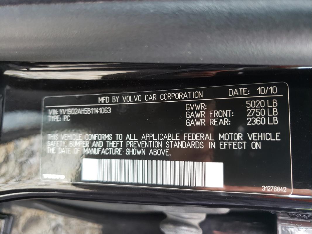2011 VOLVO S80 T6 YV1902AH5B1141063