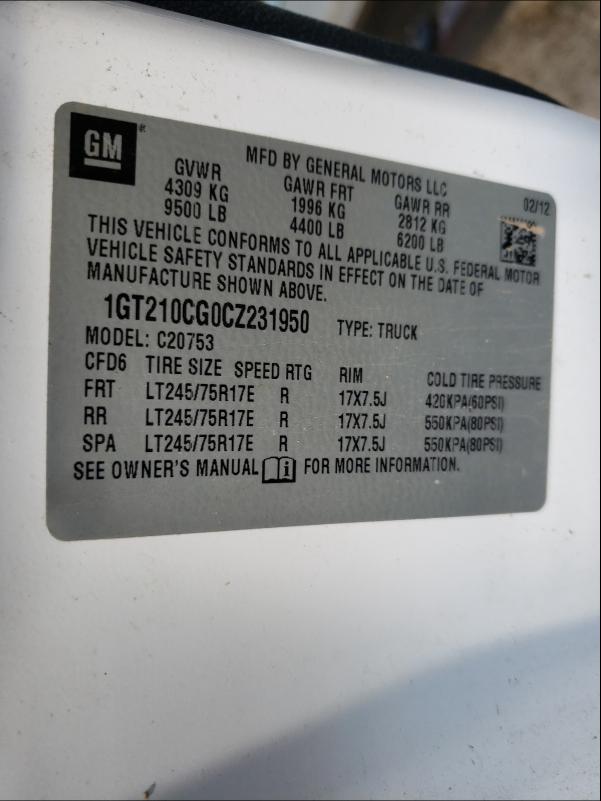 2012 GMC SIERRA C25 1GT210CG0CZ231950