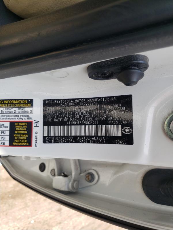 2014 TOYOTA AVALON HYB 4T1BD1EB3EU034099