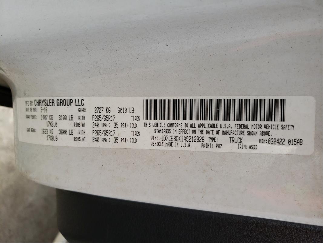 2010 DODGE DAKOTA SXT 1D7CE3GK1AS212926