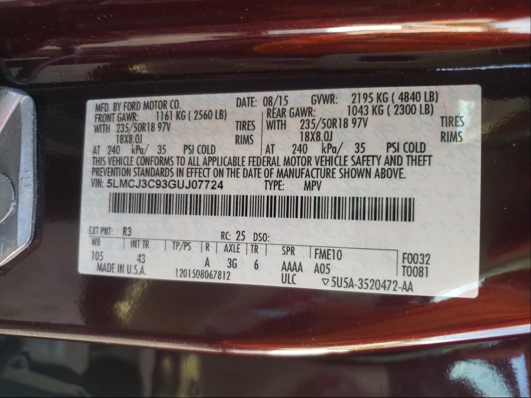 2016 LINCOLN MKC RESERV 5LMCJ3C93GUJ07724