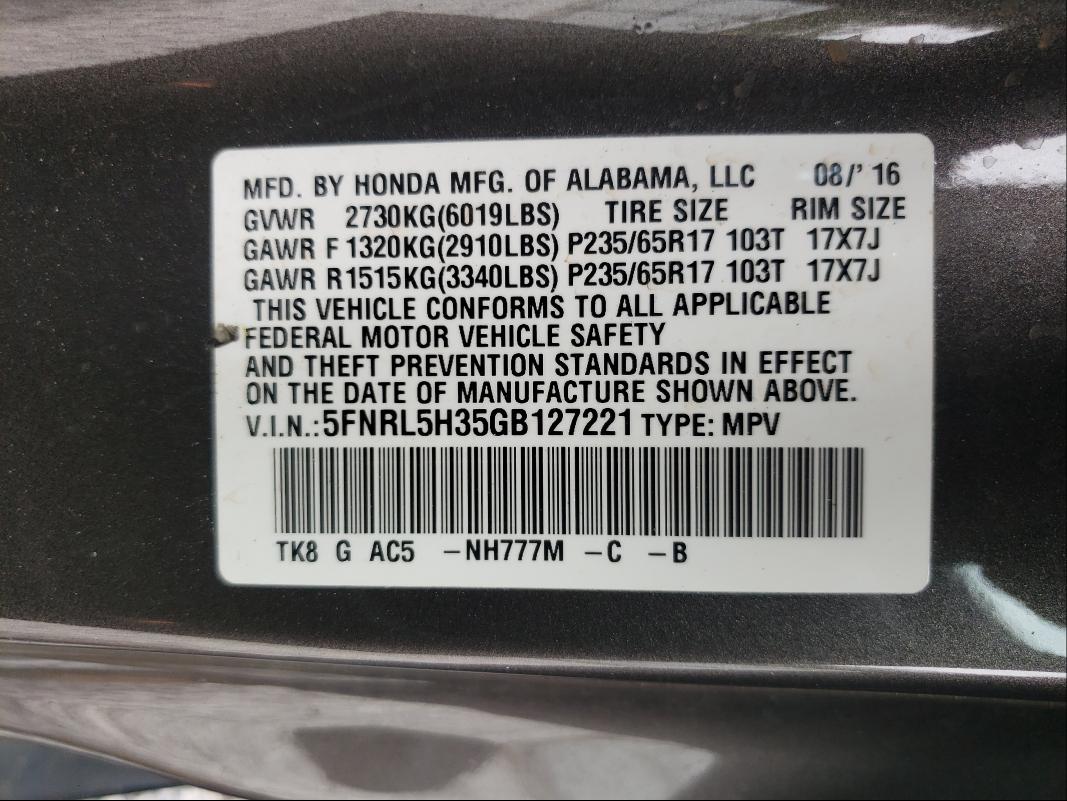2016 HONDA ODYSSEY SE 5FNRL5H35GB127221