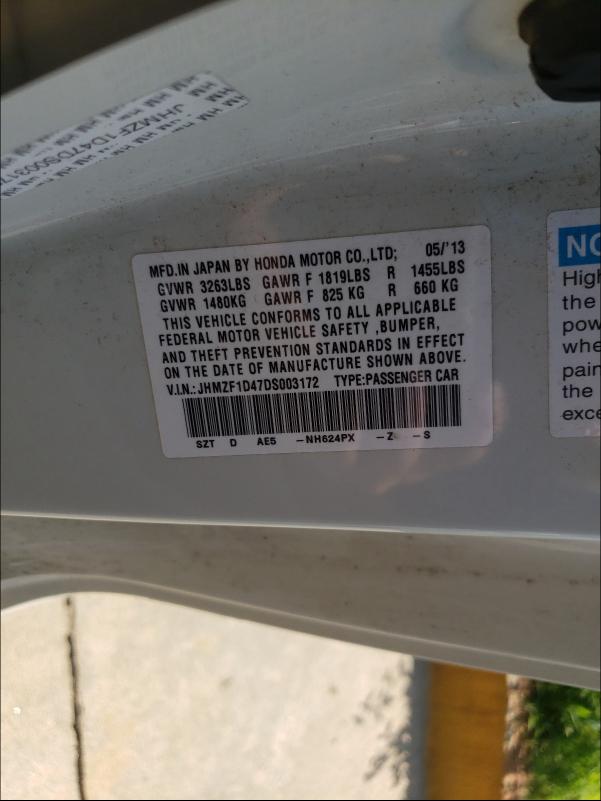 2013 HONDA CR-Z JHMZF1D47DS003172