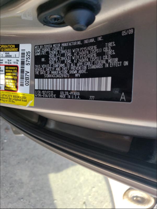 2010 TOYOTA SIENNA CE 5TDKK4CC3AS291673
