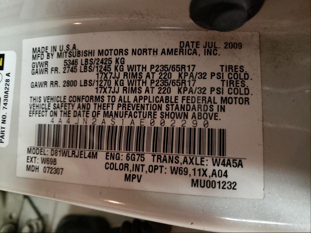 2010 MITSUBISHI ENDEAVOR L 4A4JN2AS1AE002290