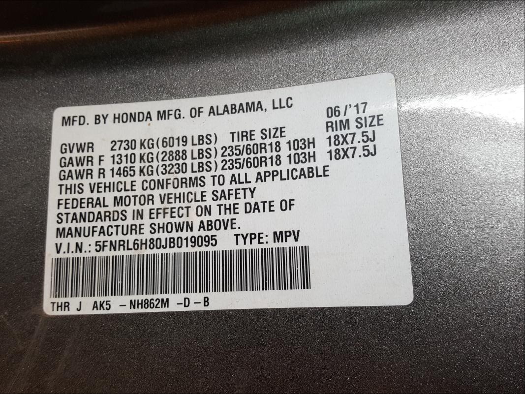 2018 HONDA ODYSSEY TO 5FNRL6H80JB019095