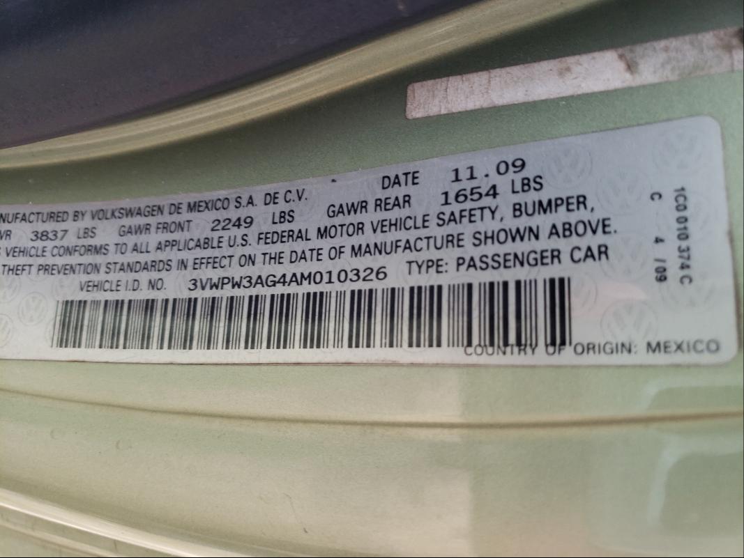 2010 VOLKSWAGEN NEW BEETLE 3VWPW3AG4AM010326