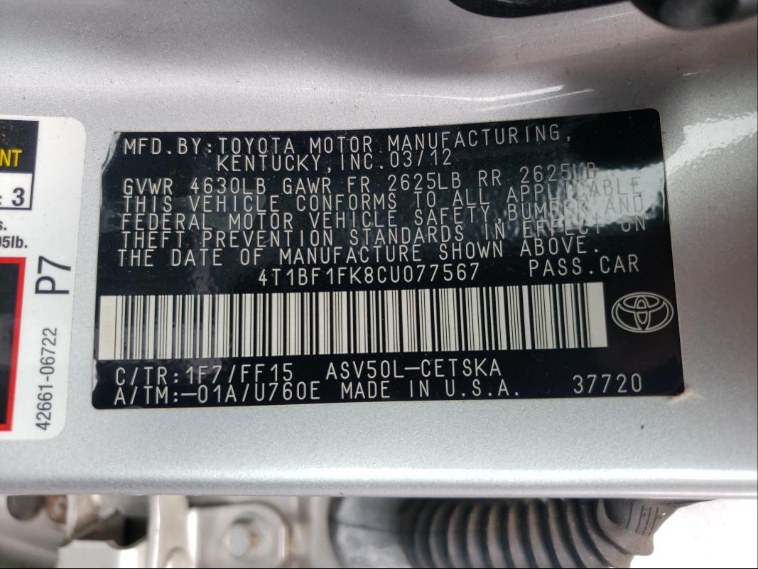 2012 TOYOTA CAMRY BASE 4T1BF1FK8CU077567