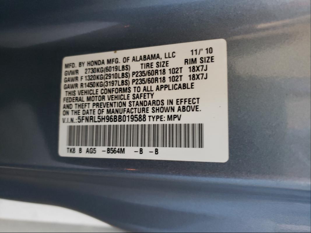 2011 HONDA ODYSSEY TO 5FNRL5H96BB019588
