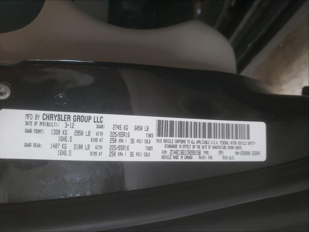 2012 CHRYSLER TOWN & CNT 2C4RC1BG1CR293156