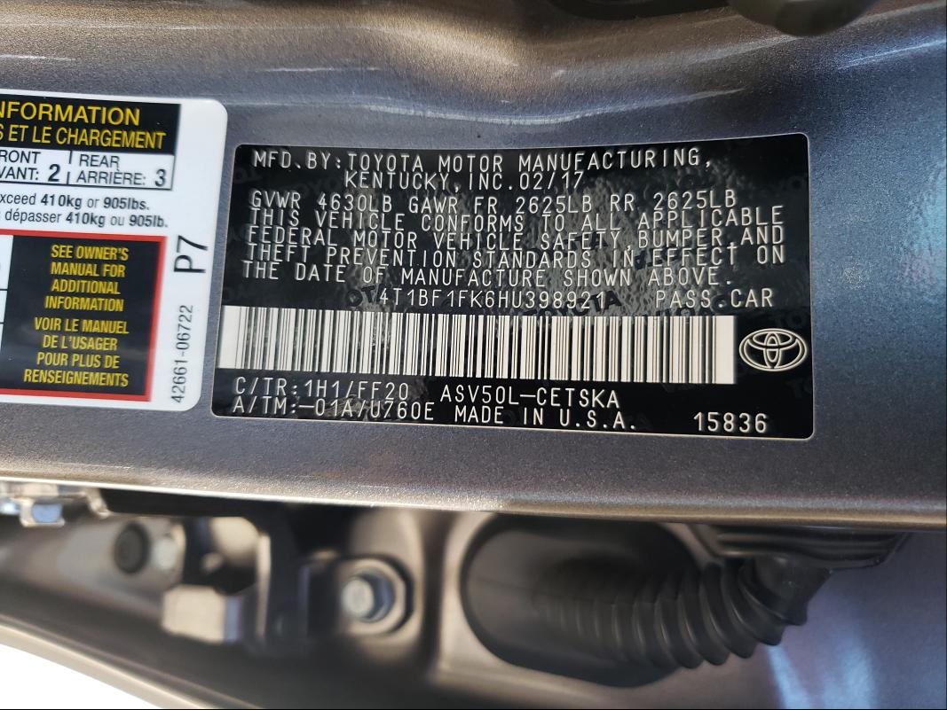 2017 TOYOTA CAMRY LE 4T1BF1FK6HU398921