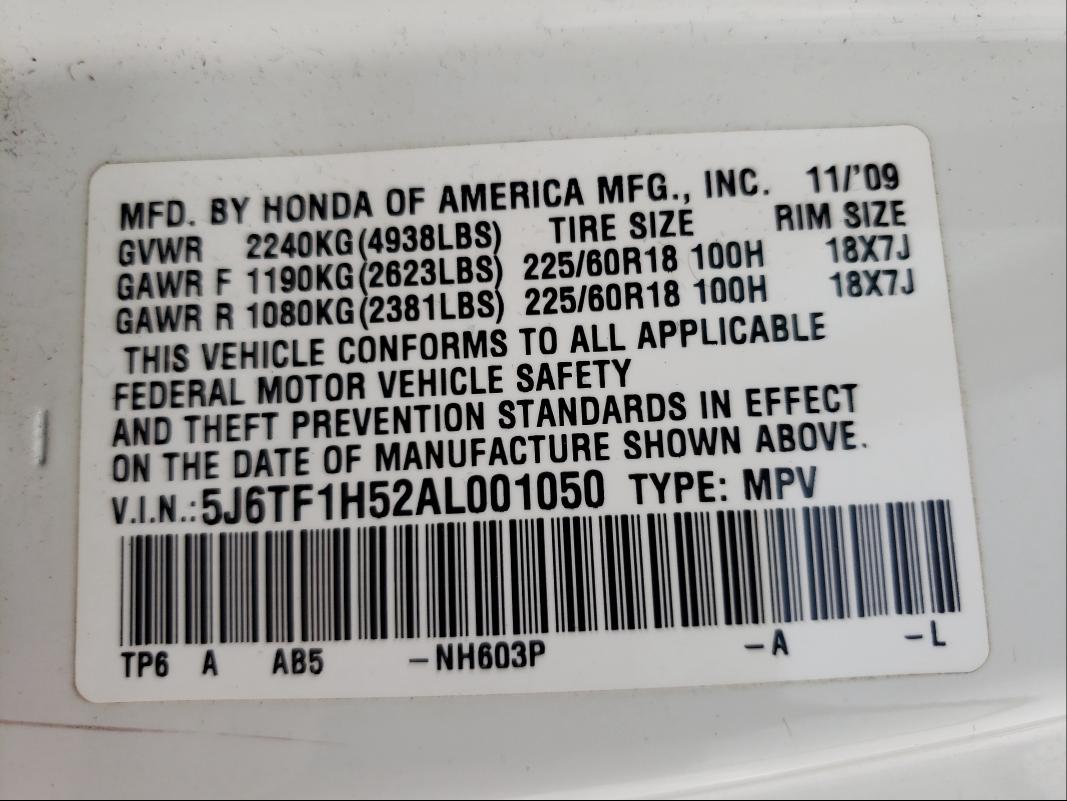 2010 HONDA ACCORD CRO 5J6TF1H52AL001050