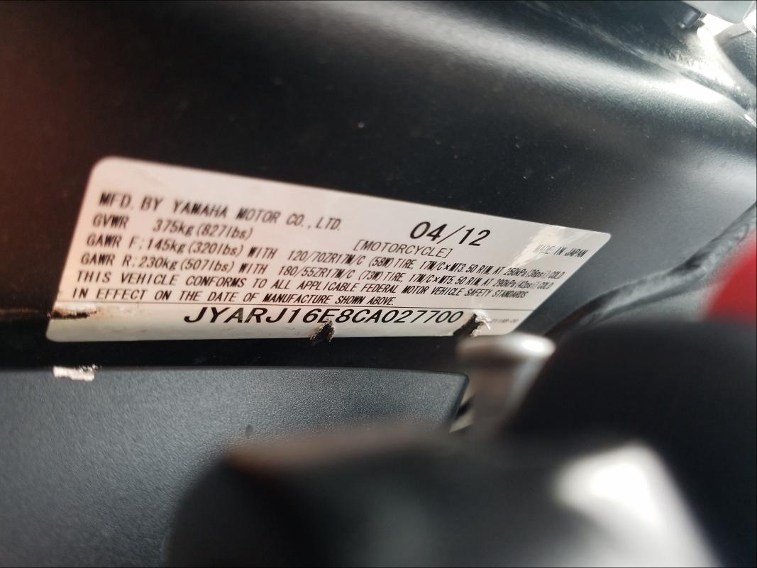 2012 YAMAHA YZFR6 JYARJ16E8CA027700
