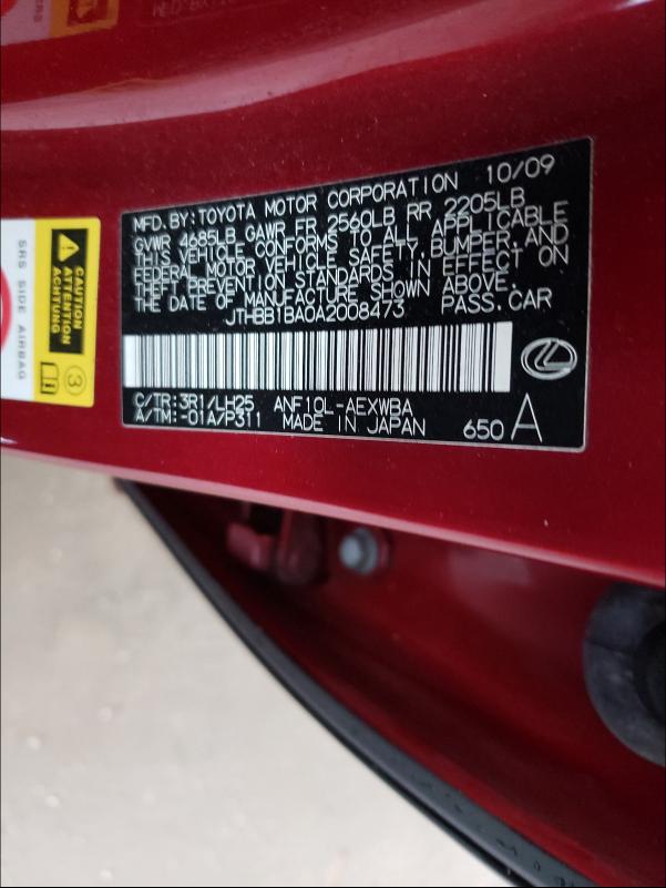 2010 LEXUS HS 250H JTHBB1BA0A2008473