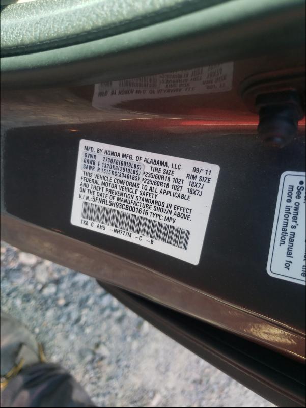 2012 HONDA ODYSSEY TO 5FNRL5H93CB001616