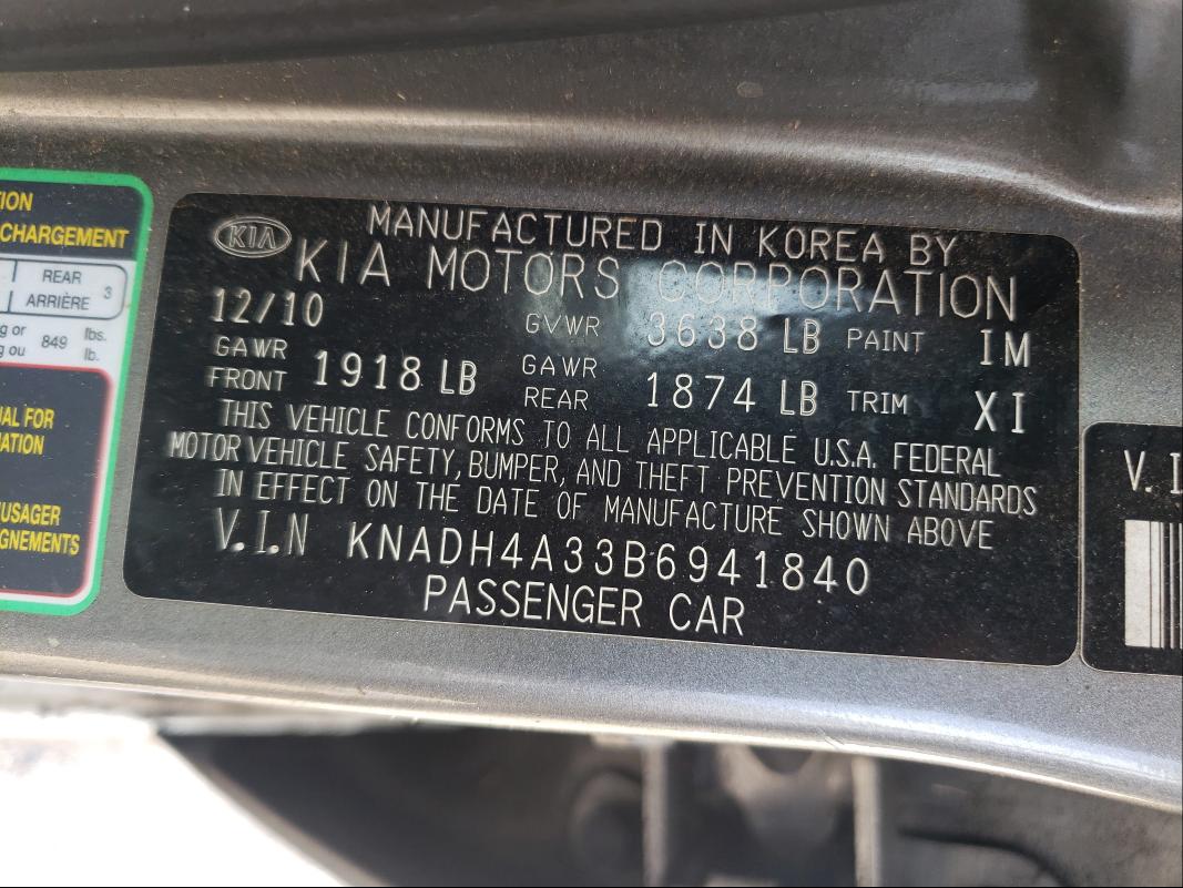 2011 KIA RIO BASE KNADH4A33B6941840