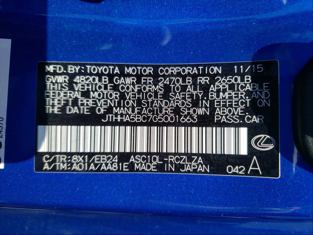 2016 LEXUS RC 200T JTHHA5BC7G5001663