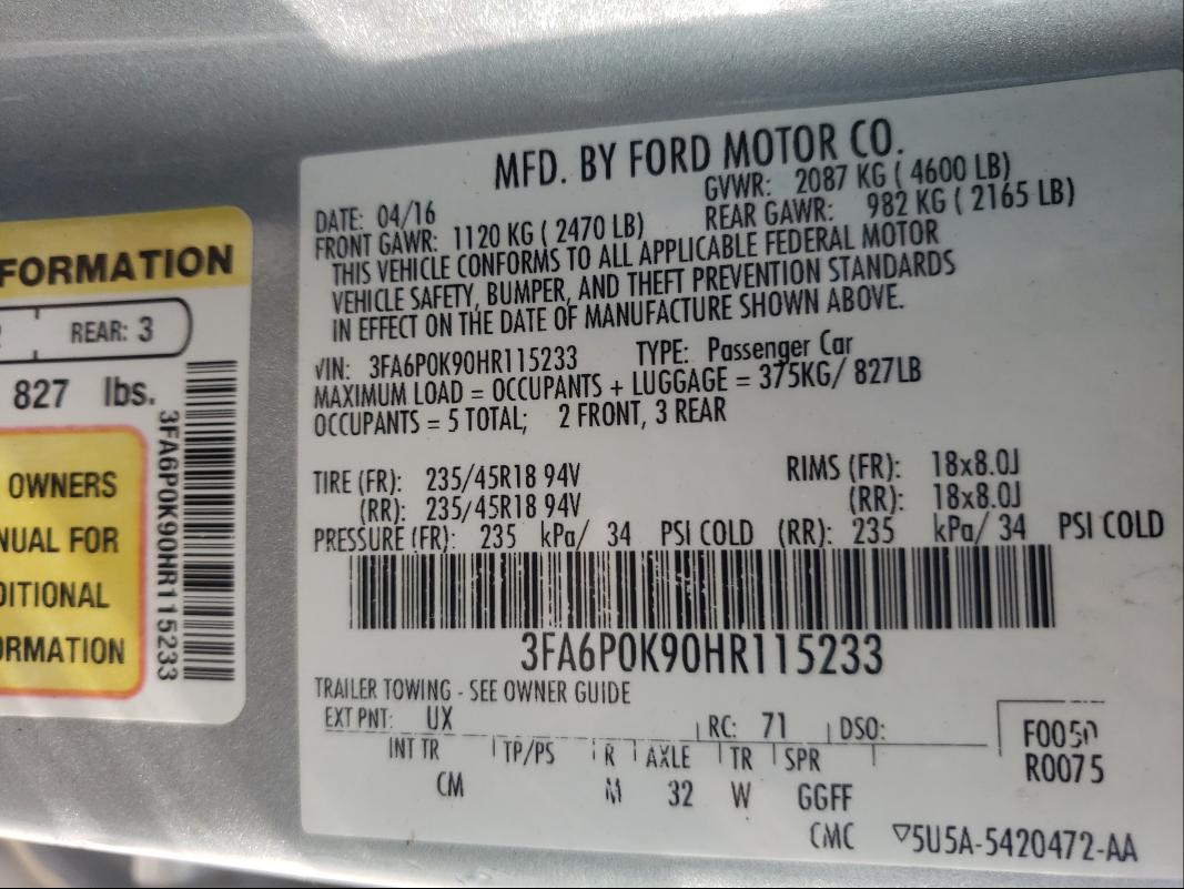 2017 FORD FUSION TIT - 3FA6P0K90HR115233
