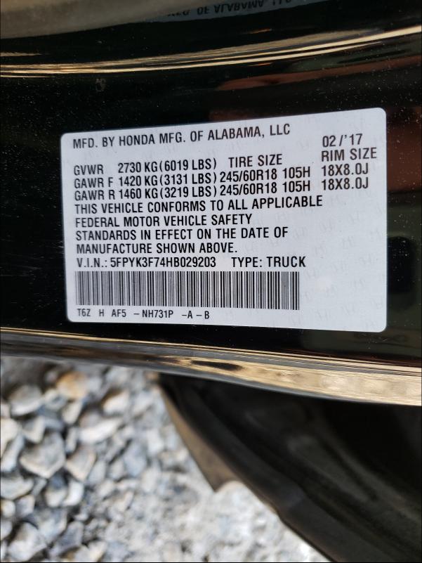 2017 HONDA RIDGELINE 5FPYK3F74HB029203