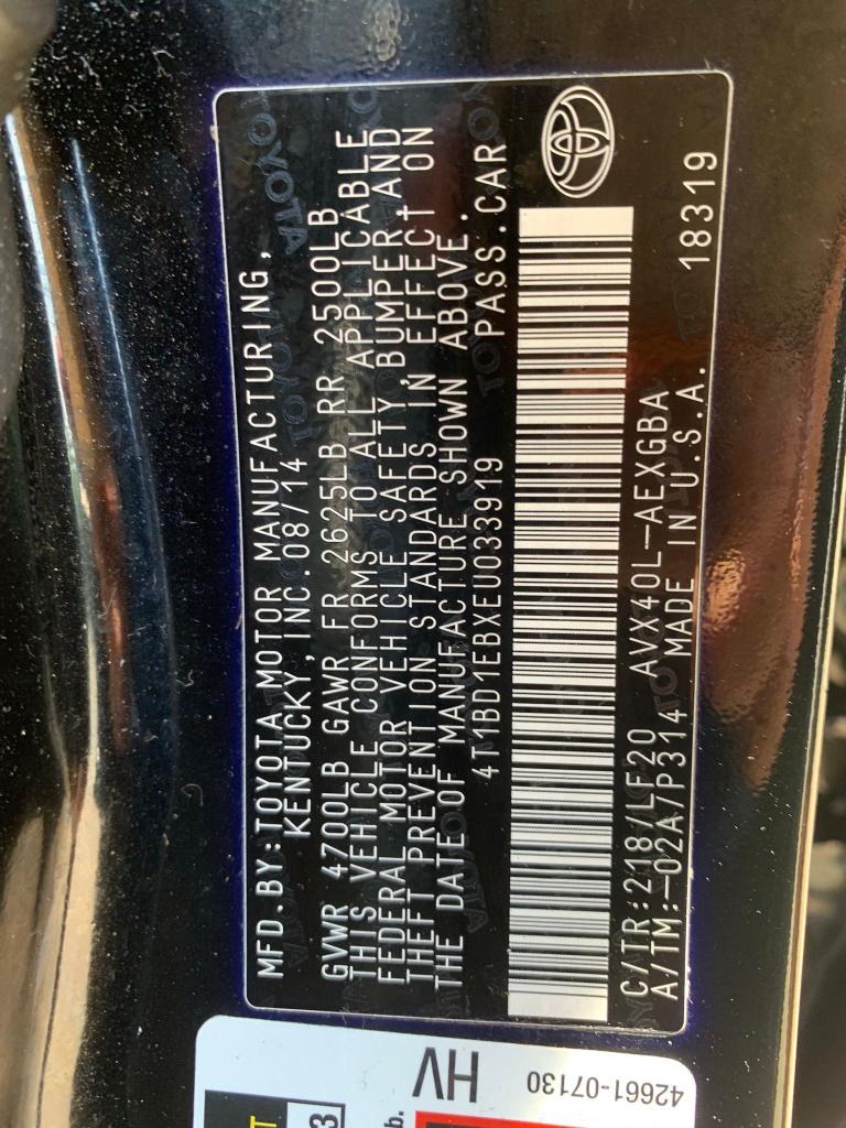 2014 TOYOTA AVALON HYB 4T1BD1EBXEU033919