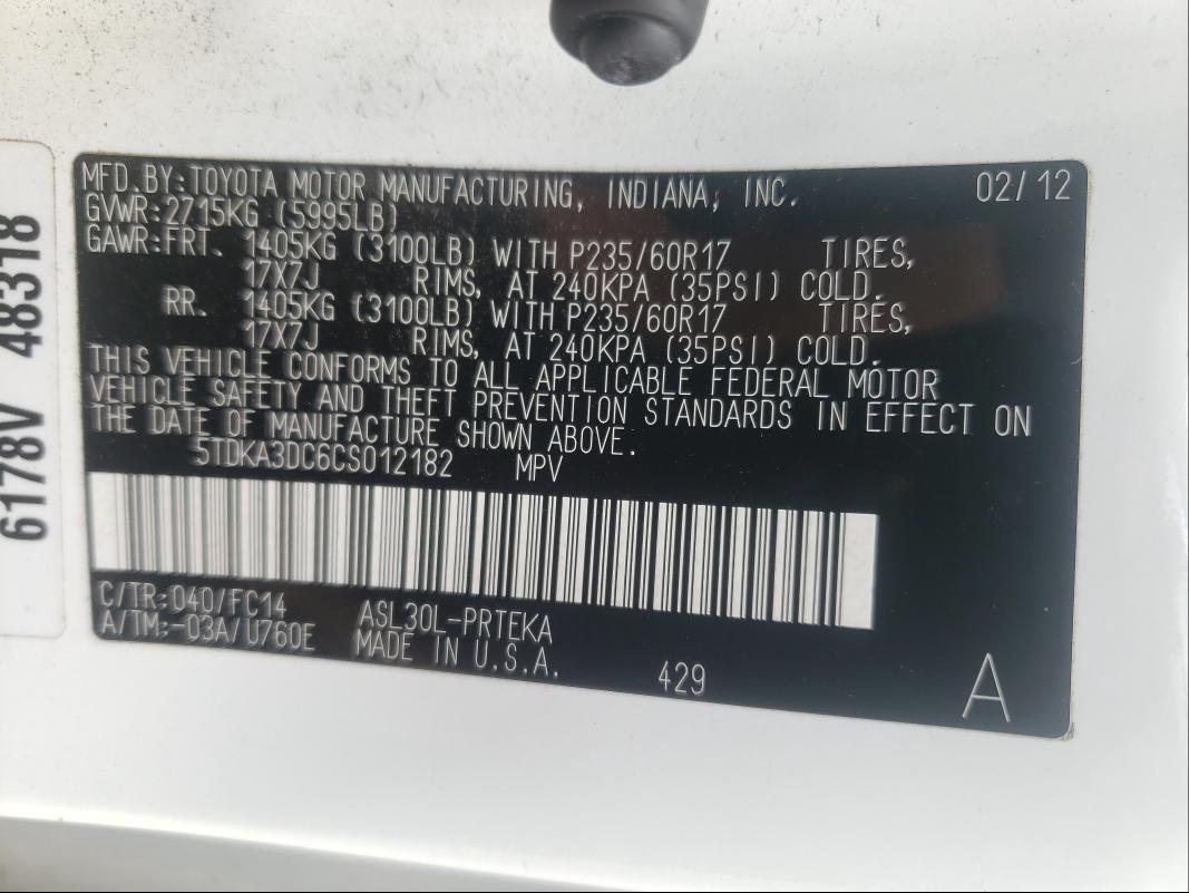 2012 TOYOTA SIENNA BAS 5TDKA3DC6CS012182