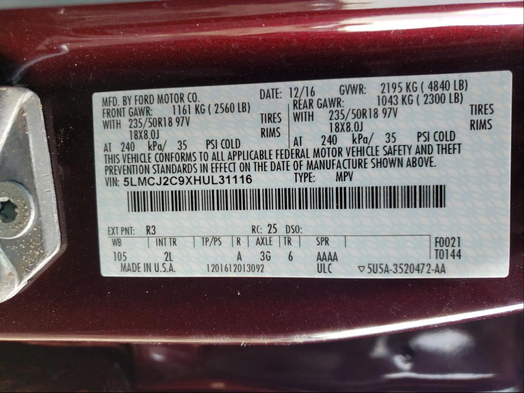 2017 LINCOLN MKC SELECT 5LMCJ2C9XHUL31116