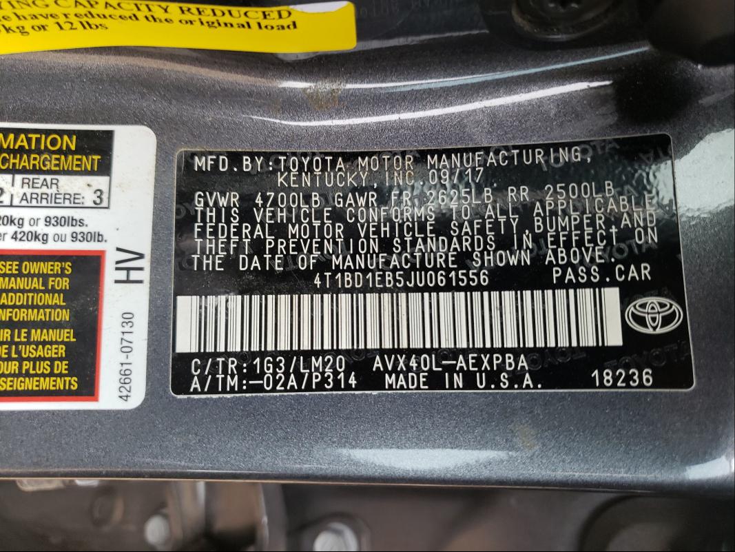 2018 TOYOTA AVALON HYB 4T1BD1EB5JU061556
