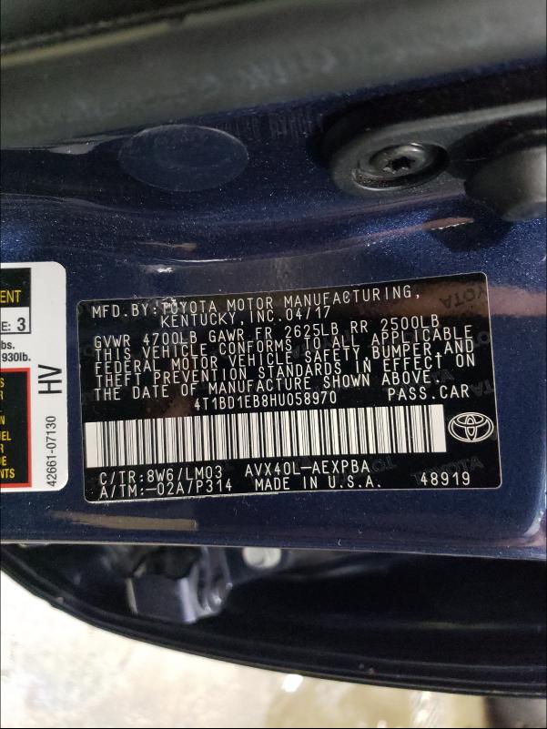 2017 TOYOTA AVALON HYB 4T1BD1EB8HU058970