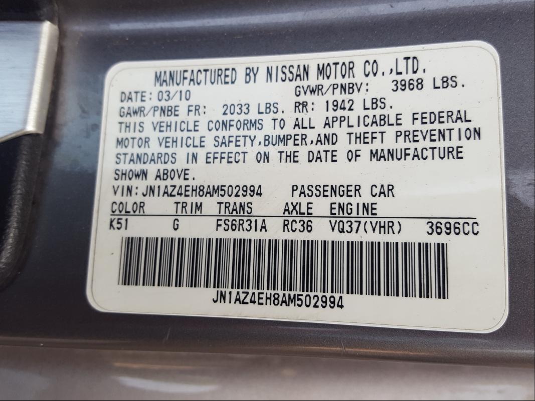 2010 NISSAN 370Z JN1AZ4EH8AM502994