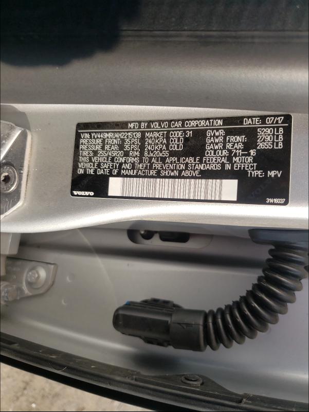 2017 VOLVO XC60 T6 IN YV449MRU4H2215138
