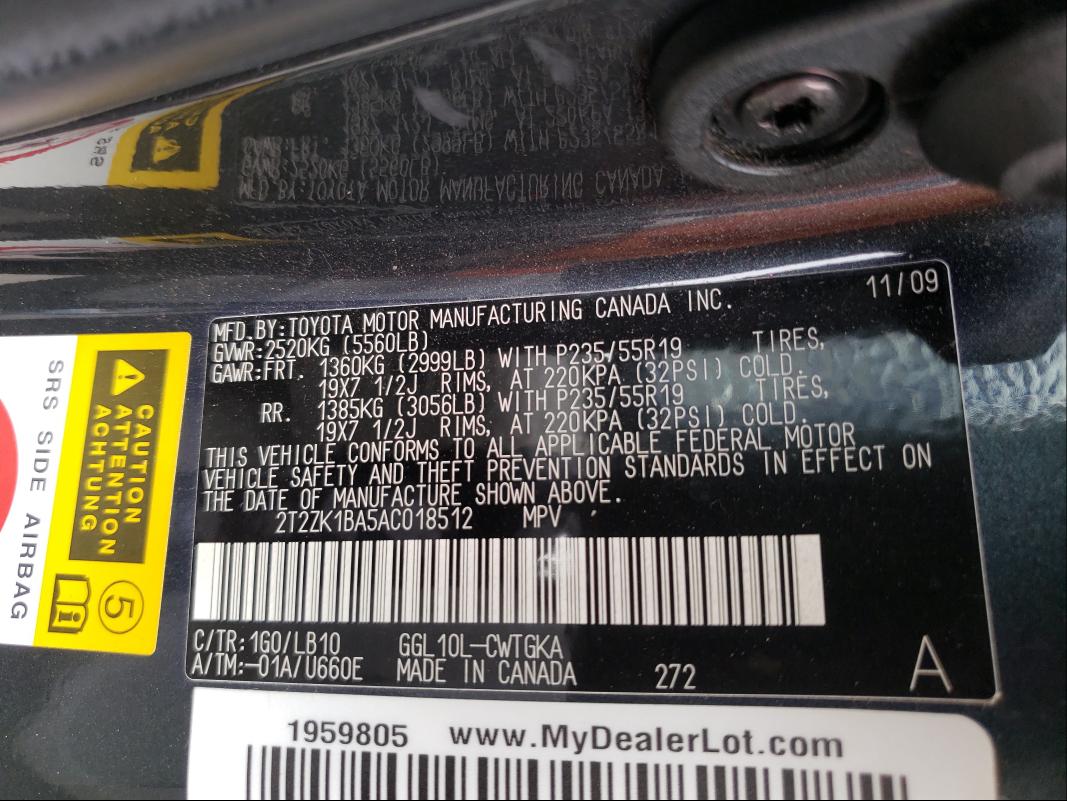 2010 LEXUS RX350 2T2ZK1BA5AC018512