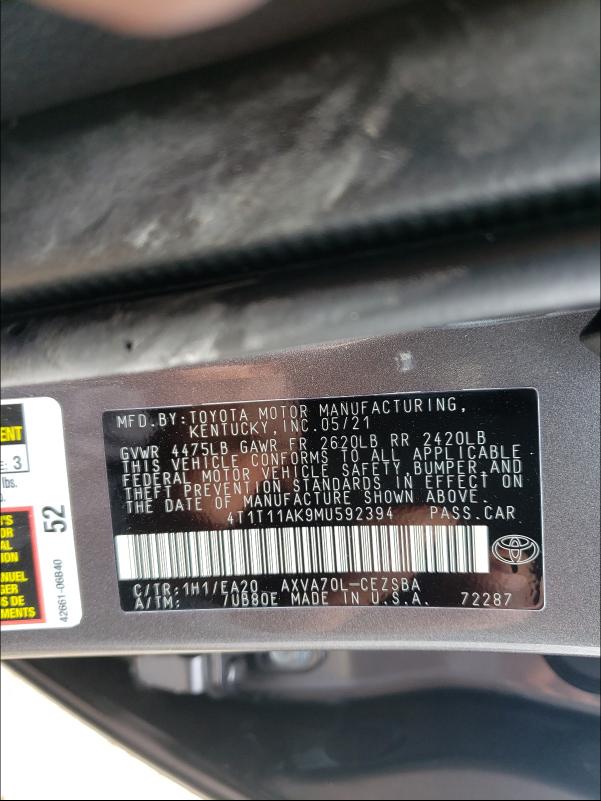 2021 TOYOTA CAMRY SE N 4T1T11AK9MU592394