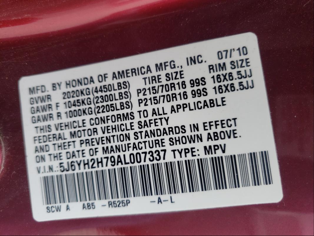 2010 HONDA ELEMENT EX 5J6YH2H79AL007337
