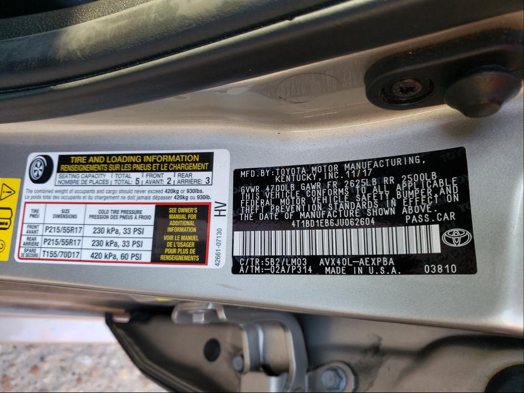 2018 TOYOTA AVALON HYB 4T1BD1EB6JU062604