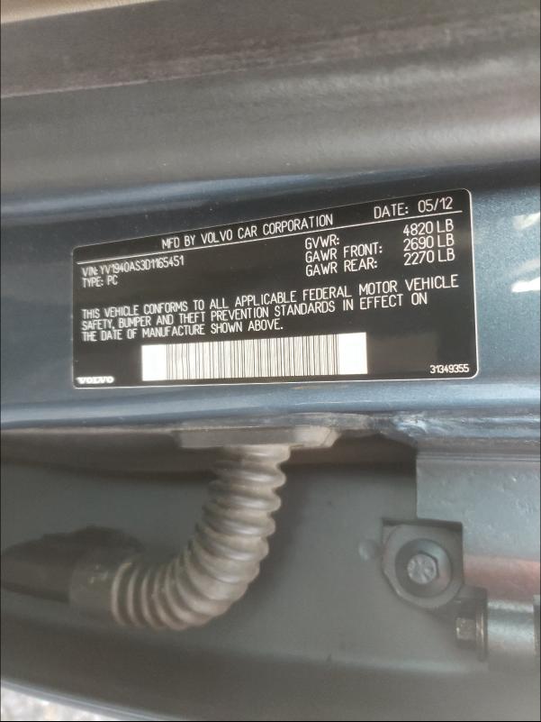 2013 VOLVO S80 3.2 YV1940AS3D1165451