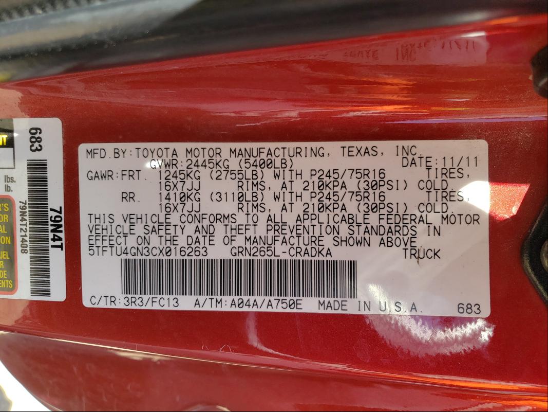 2012 TOYOTA TACOMA PRE 5TFTU4GN3CX016263