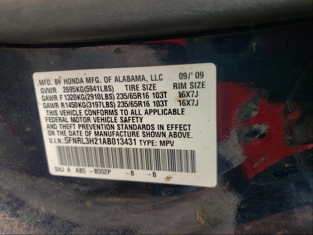 2010 HONDA ODYSSEY 5FNRL3H21AB013431