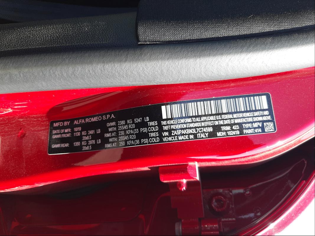 2020 ALFA ROMEO STELVIO TI ZASPAKBN3L7C74599