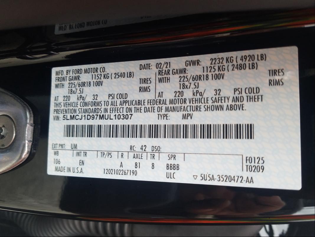 2021 LINCOLN CORSAIR 5LMCJ1D97MUL10307