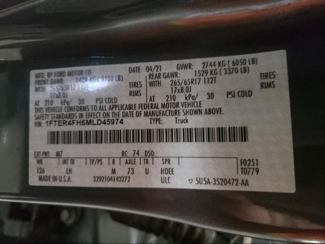 2021 FORD RANGER XL 1FTER4FH6MLD45974