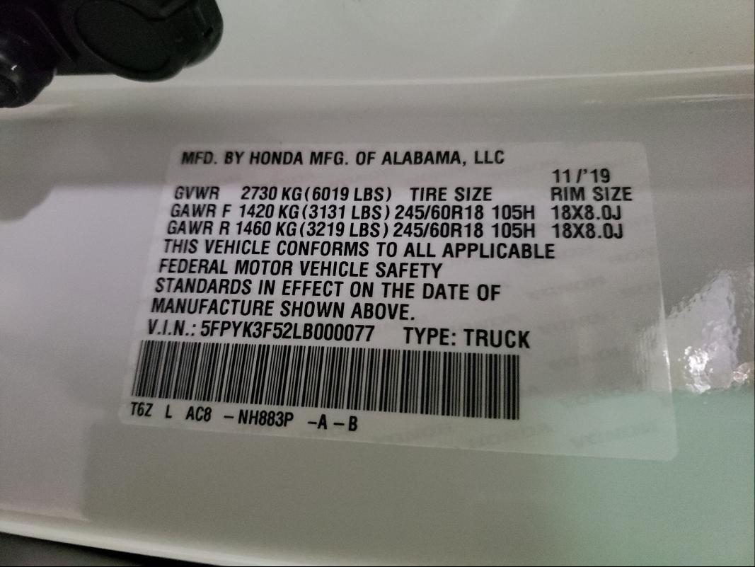 2020 HONDA RIDGELINE 5FPYK3F52LB000077