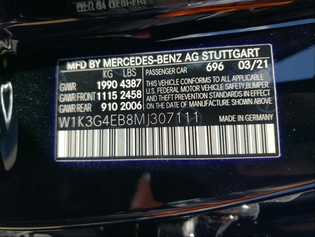 2021 MERCEDES-BENZ 18/27 W1K3G4EB8MJ307111