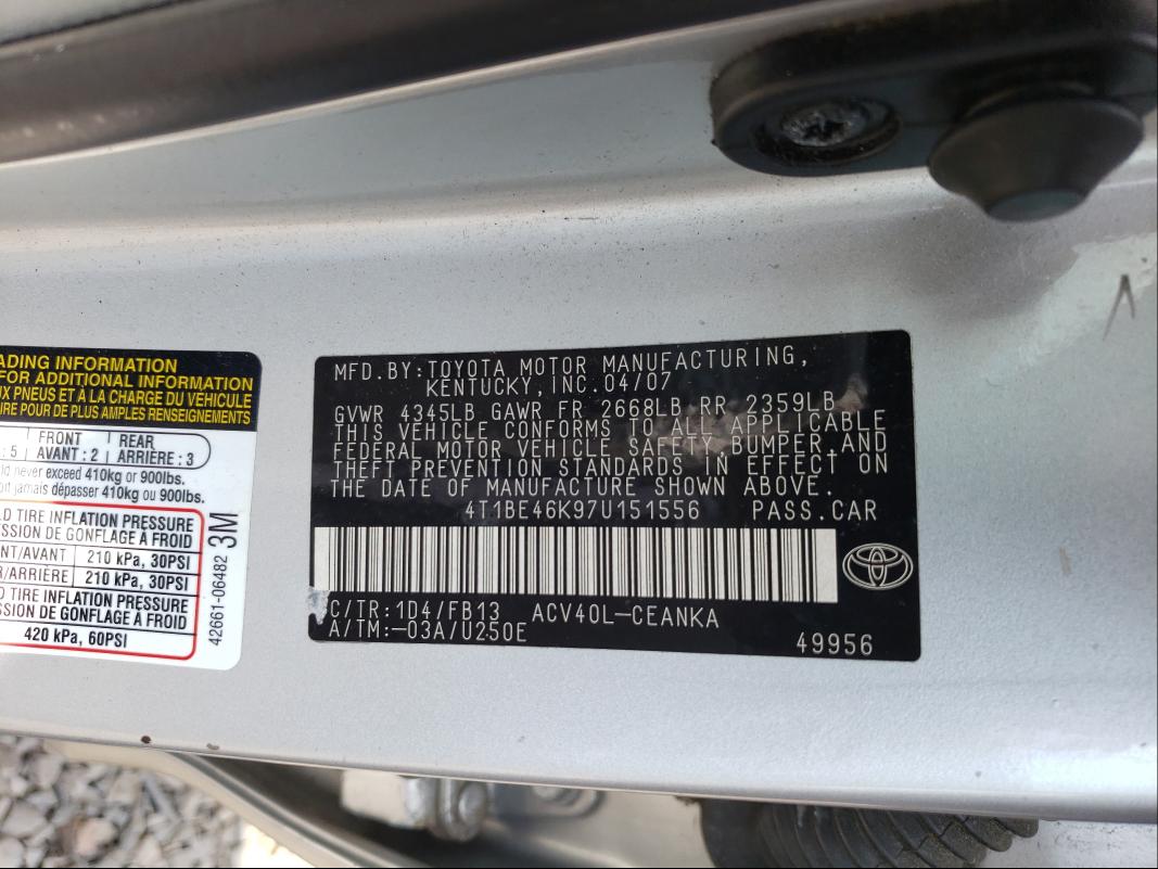 2007 TOYOTA CAMRY CE 4T1BE46K97U151556