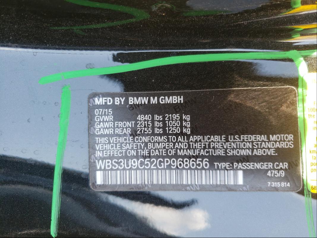 2016 BMW M4 WBS3U9C52GP968656