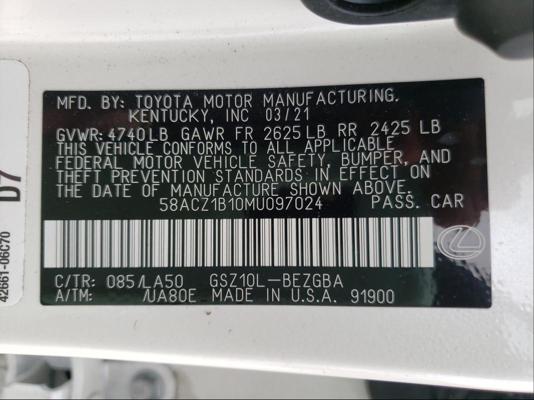 2021 LEXUS ES 350 BAS 58ACZ1B10MU097024