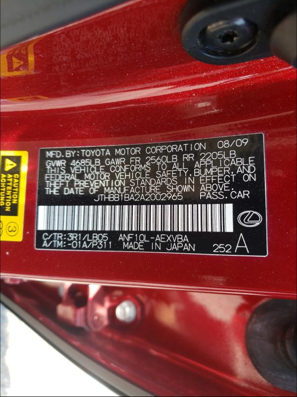 2010 LEXUS HS 250H JTHBB1BA2A2002965